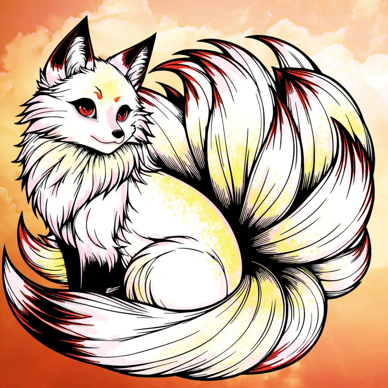 realistic detailed 9 tailed anime fox