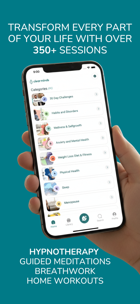 Clear Minds - Hypnotherapy - Smartphone displaying categories of the Clear Minds hypnotherapy app including wellness sleep and menopause