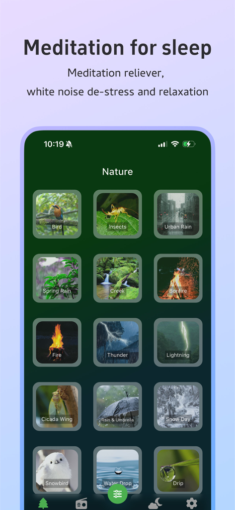 Interfaz de la aplicación Light Sleep que muestra una cuadrícula de opciones de sonidos de la naturaleza como Pájaro, Lluvia de Primavera y Hoguera para meditación y relajación.