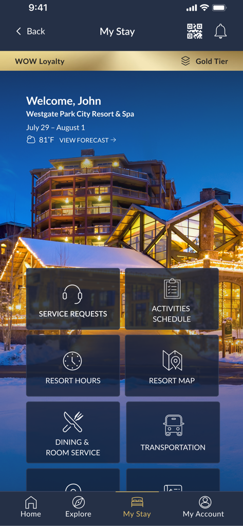 La dashboard My Stay dell'app Westgate Resorts che visualizza i servizi per gli ospiti come ristoranti e mappe del resort