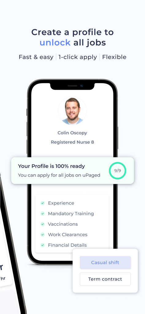 uPaged - Smartphone screen showing a 100 percent completed healthcare professional profile for a registered nurse on the uPaged app.
