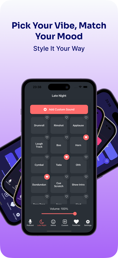 Screenshot of Soundboard Pro app displaying the Late Night theme with various sound effect buttons like Drumroll and Applause