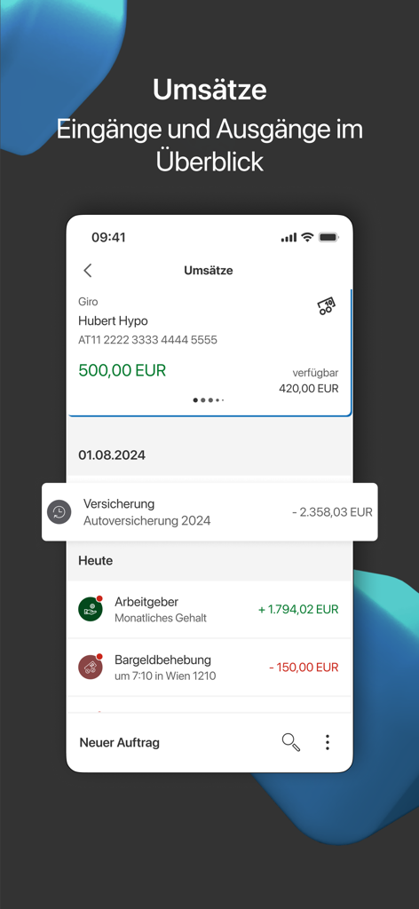 HYPO Mein ELBA-App - Mobile Banking Transaktionsbildschirm mit Einnahmen und Ausgaben.