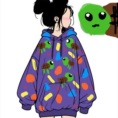 realistic girl with a oversized sweatshirt on and a bun