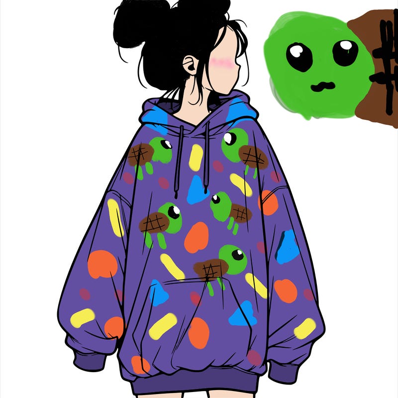 realistic girl with a oversized sweatshirt on and a bun