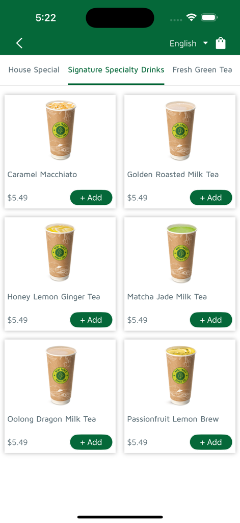 Real Fruit Bubble Tea - Interface de l'application Real Fruit Bubble Tea affichant un menu de boissons spéciales signature avec les prix et des boutons d'ajout