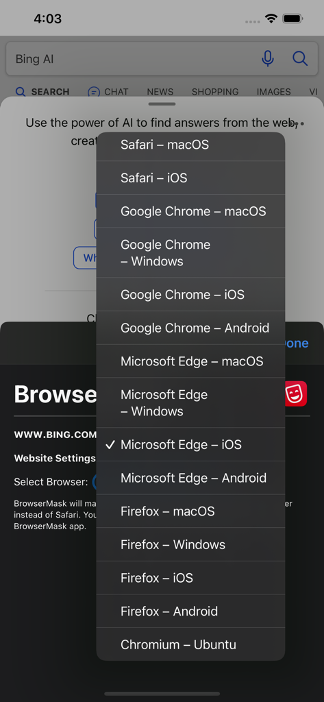 BrowserMask for Safari - User agent selection menu in BrowserMask for Safari showing various browser masking options like Chrome Edge and Firefox