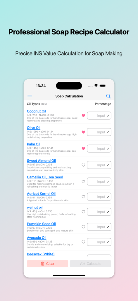 Soap Calculator - Lye Calc - Mobile App-Oberfläche des Seifenrechners, die eine Liste von Ölen mit ihren jeweiligen INS- und Verseifungswerten für die DIY-Seifenherstellung zeigt.