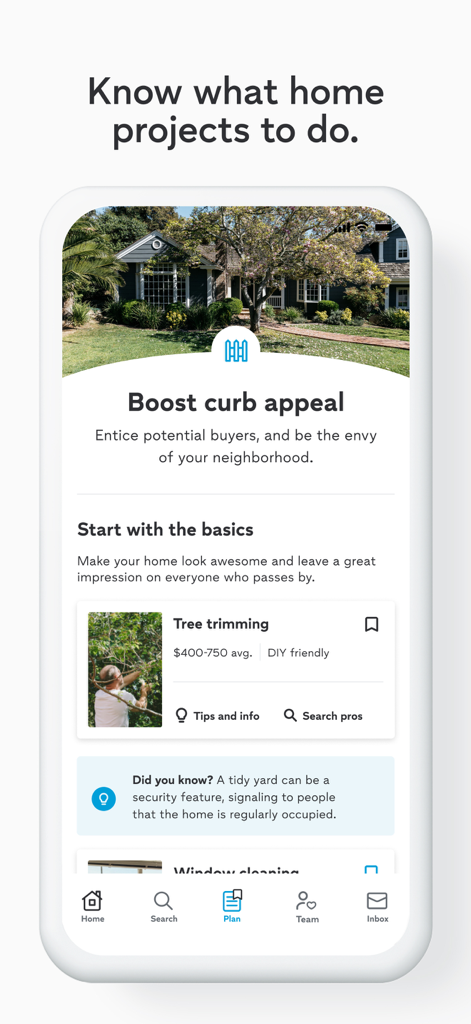 Thumbtack app screen showing home project planning for boosting curb appeal with services like tree trimming.