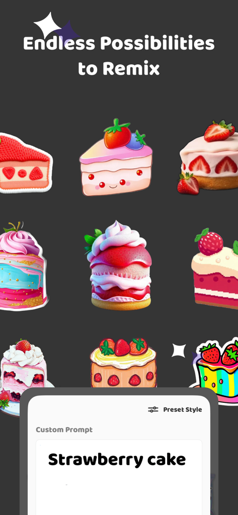 StickerGenie: AI Sticker Maker - Stickers de pastel de fresa generados por IA en múltiples estilos basados en un prompt de texto personalizado