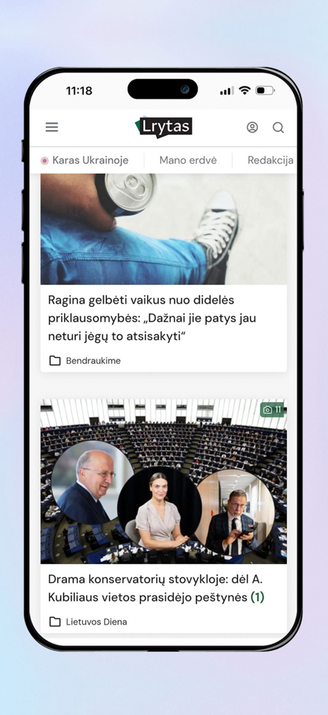 Lrytas.lt naujienos - Screenshot of the Lrytas news app displaying current events in Lithuanian.