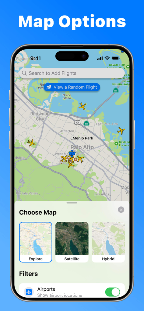 Flight Tracker, Plane Finder - Interfaz de la aplicación Flight Tracker que muestra opciones de estilo de mapa como vistas satelitales e híbridas sobre un mapa de radar en vivo