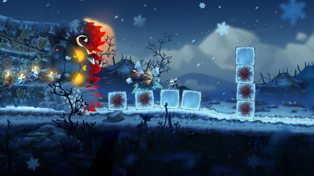 Oddmar - Oddmar the Viking jumping through a snowy mountain level with ice blocks and glowing mechanical hazards.