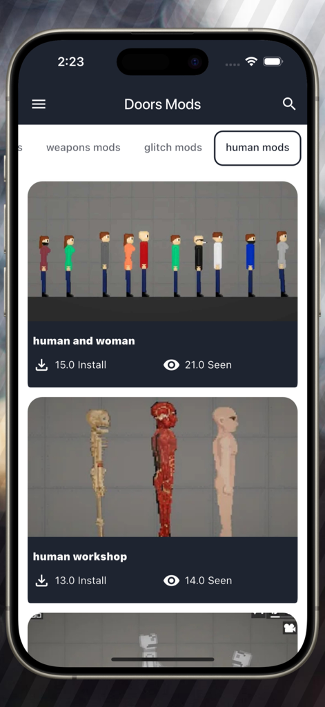 Rainbow Mods for Playground - A selection of human and anatomy character mods for Melon Playground within the app interface.
