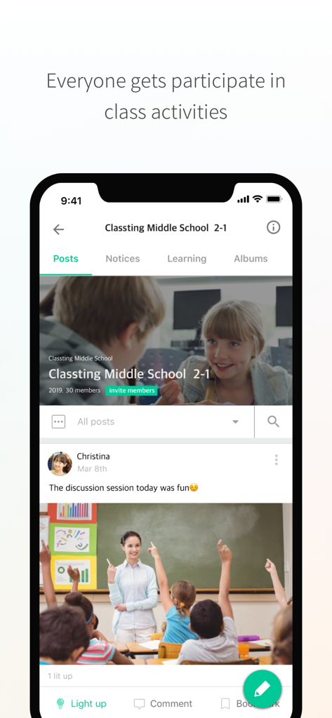 A screenshot of the Classting app showing a feed of classroom activities with a teacher post and a photo of students participating in class.
