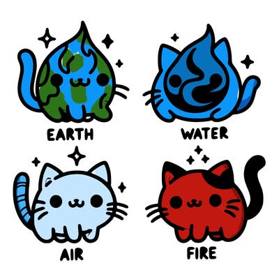 4 cats that represent the different elements, earth, water, air, and fire