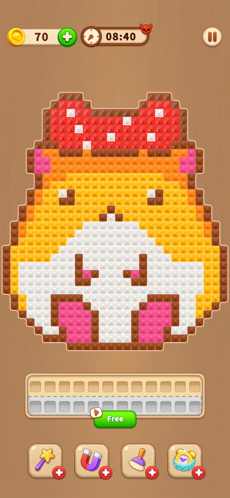 Diamond Flow: Color Puzzle - A digital diamond painting of a cute hamster wearing a red bow in the Diamond Flow game UI.