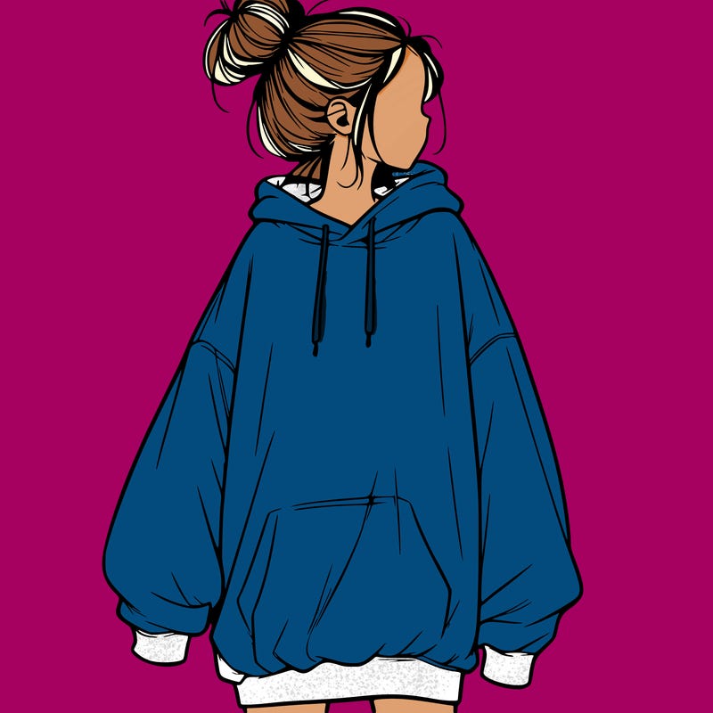 realistic girl with a oversized sweatshirt on and a bun