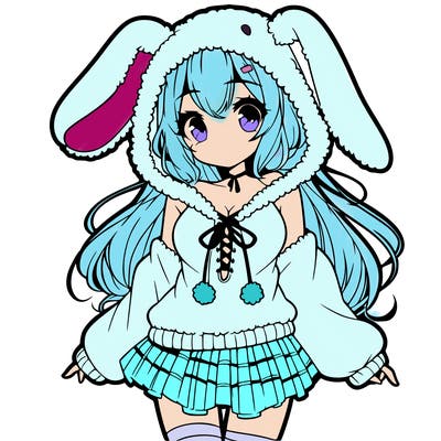 pretty anime girl wearing a fluffy hoodie with bunny ears on the hood and a skirt