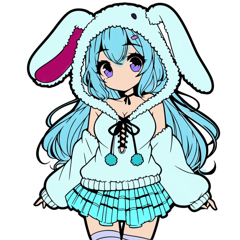 pretty anime girl wearing a fluffy hoodie with bunny ears on the hood and a skirt