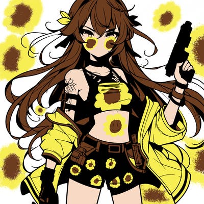 bad girl wearing crop top holding a gun long hair anime