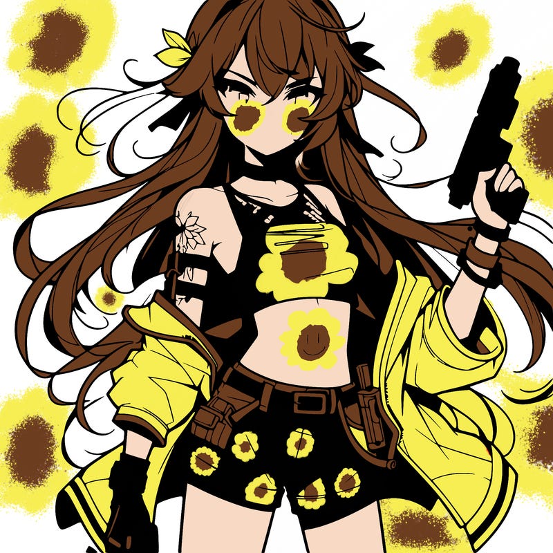 bad girl wearing crop top holding a gun long hair anime
