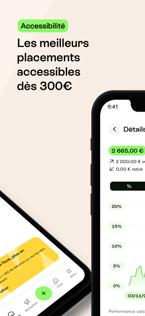 Interface de l'application financière Mon Petit Placement montrant le solde du portefeuille d'investissement et un graphique de performance