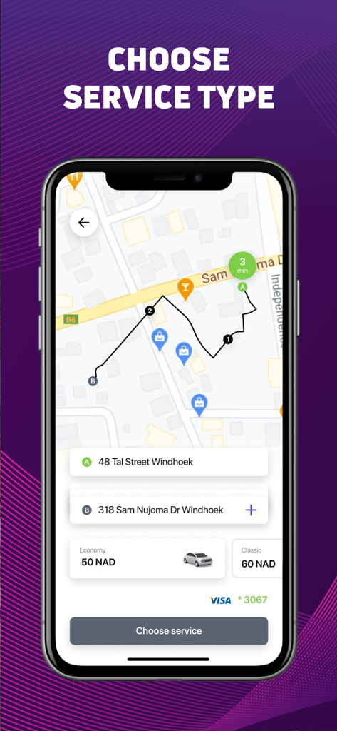 LEFA Namibia - LEFA Namibia mobile app interface for selecting ride services and viewing fare prices.