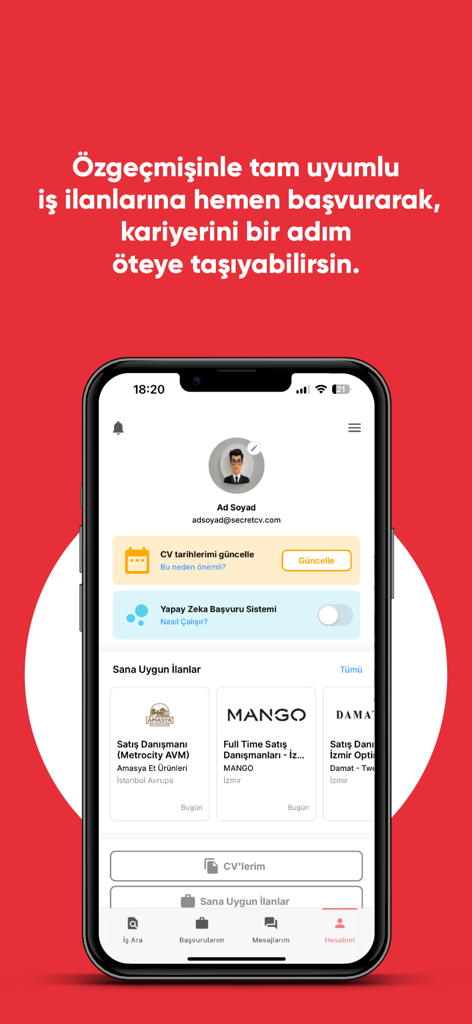 Secretcv - İş İlanı Ara & Bul - Secretcv mobile app user profile page showing personalized job listings and career management tools.