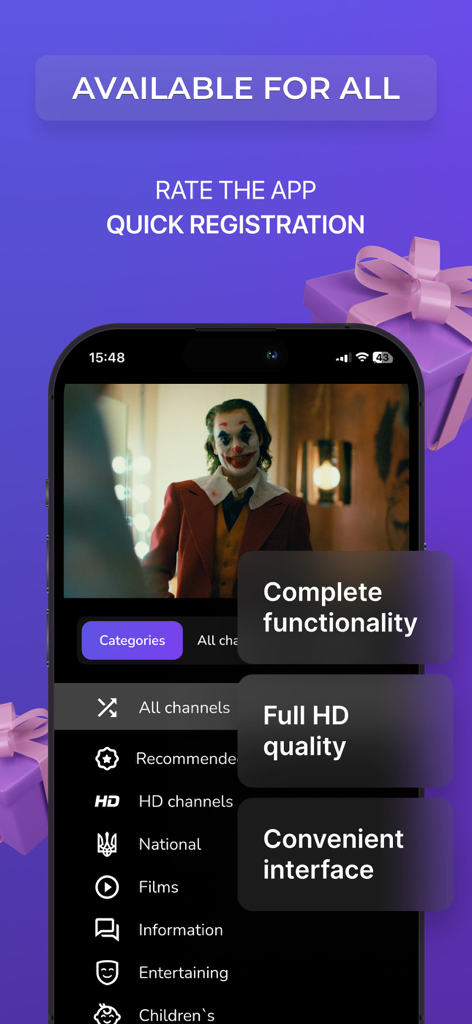 OmegaTV Online - OmegaTV Online app interface showing Ukrainian TV channels and movie streaming in HD quality