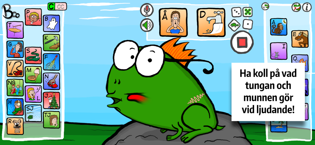 Ljuda med Boo! - Interfaz de la aplicación Ljuda med Boo que muestra un personaje verde e iconos para el entrenamiento de la fonética sueca.
