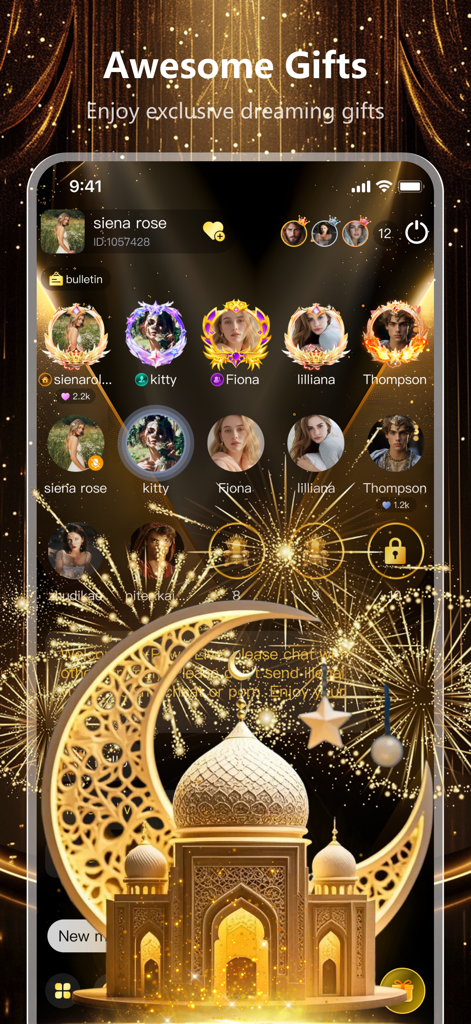 Roka Live - Roka Live interactive chat room screen showing exclusive golden virtual gifts and user profile frames