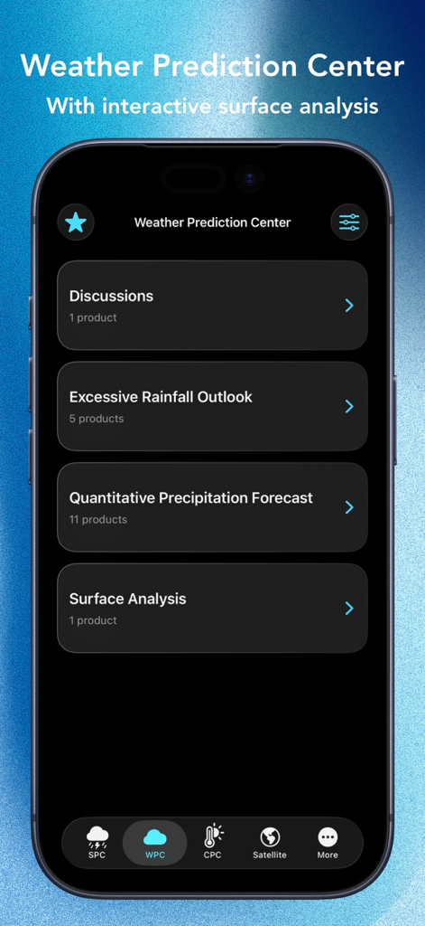 StormBase app screenshot showing the Weather Prediction Center menu with rainfall outlooks and surface analysis tools.