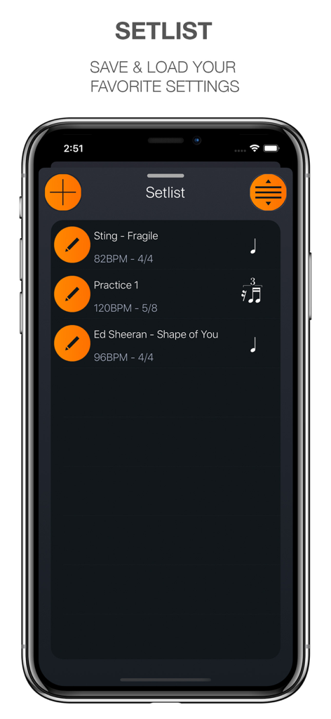 Band Metronome: Tempo, Setlist - La pantalla de un teléfono móvil mostrando la función de setlist de la aplicación Metrónomo de Banda con tempos y compases de canciones guardados