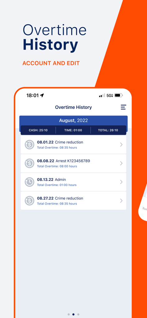 A screen from the Summons Partner plus app displaying a monthly overtime history log for NYPD officers with details on hours worked for arrests and crime reduction