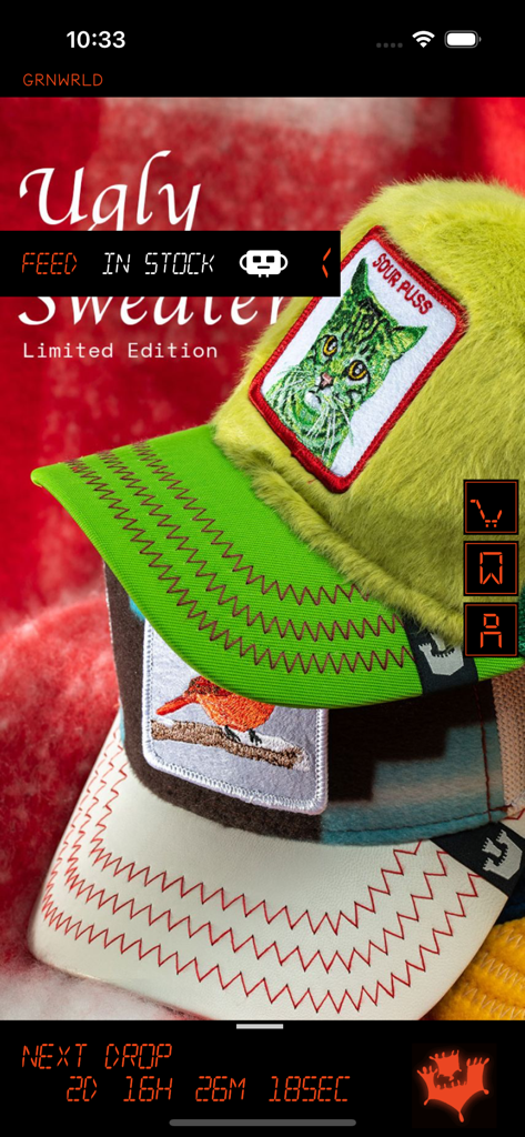 Goorin Drops - Goorin Drops app interface showing a stack of limited edition animal farm trucker hats and a next drop countdown timer.