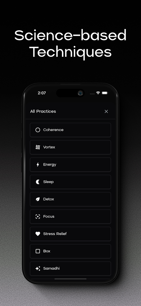 Interfaz minimalista en tono oscuro de la aplicación Coherence que muestra una lista de prácticas de respiración que incluyen Enfoque de Sueño y Respiración Cuadrada