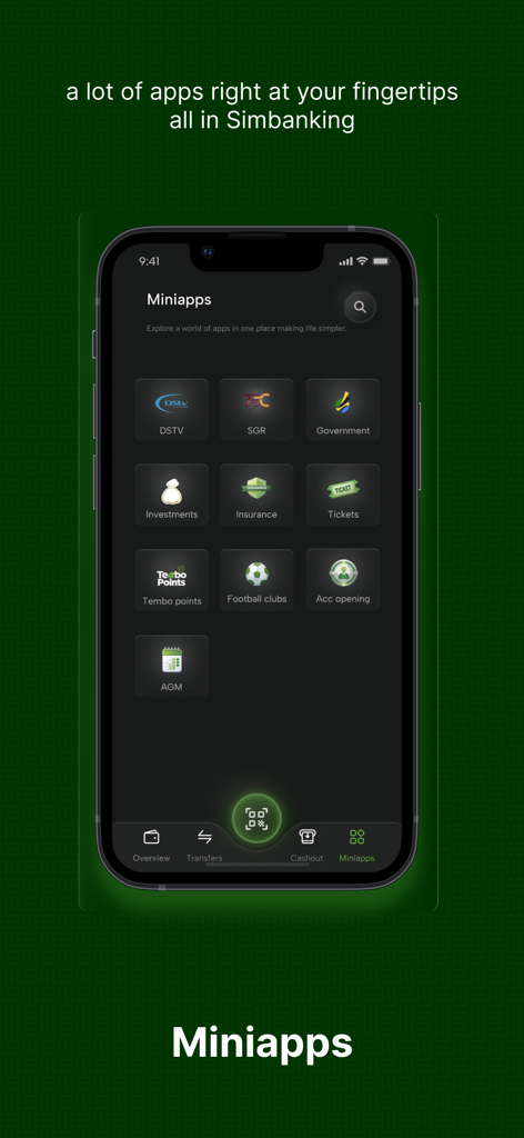 The Miniapps dashboard in the CRDB SimBanking app displaying icons for various services like insurance, bill payments, and account opening.