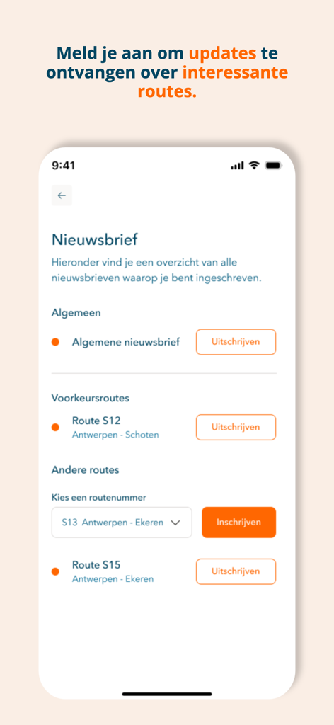 Pantalla de la aplicación I-Bus para gestionar notificaciones de rutas de autobús y suscripciones al boletín informativo