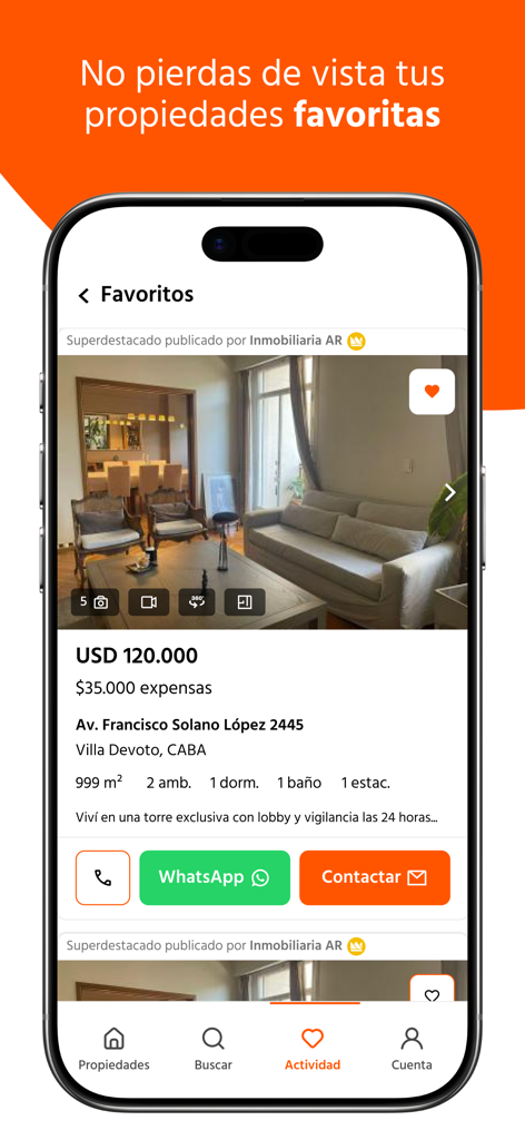 Zonaprop - iPhone screen showing a favorited real estate listing on the Zonaprop app