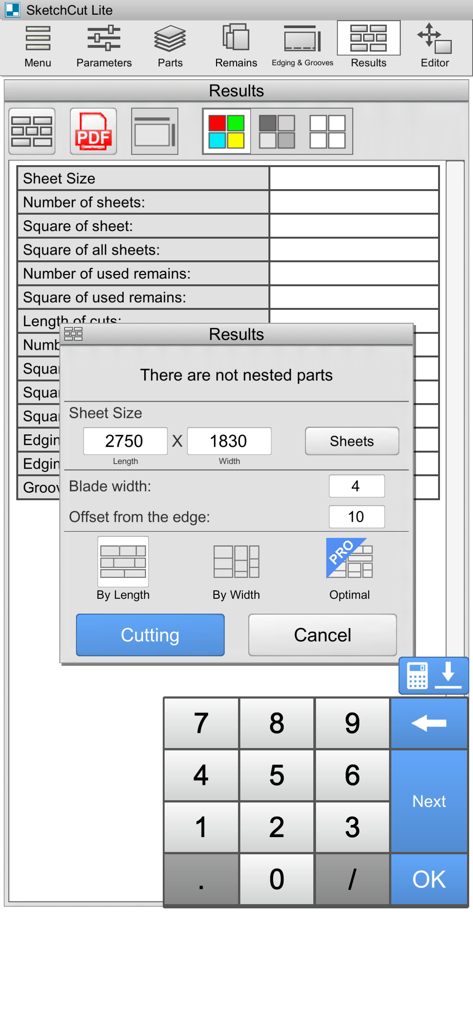 SketchCut Lite - SketchCut Lite app interface displaying sheet size parameters and cutting optimization options.