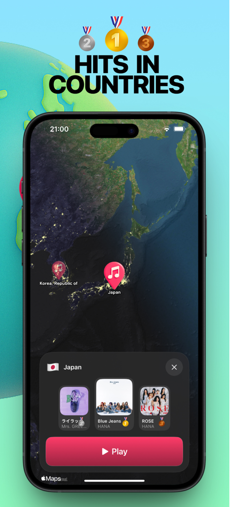 Global Charts: Music Player - A smartphone interface showing top music hits in Japan on an interactive world map.