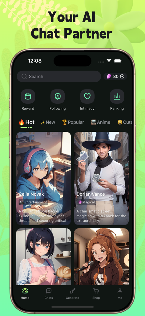 Aikami-Create Art & AI Chatbot - Aikami app home screen showing various anime-style AI chat characters like Celia Novak and Dorian Vance