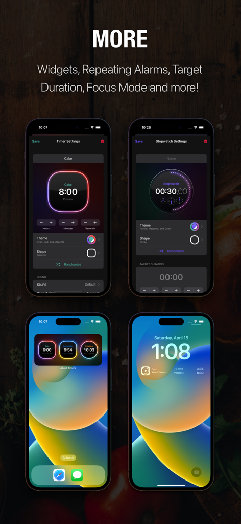 Multiple Timers & Stopwatches - Interface of Multiple Timers and Stopwatches app showing timer settings and iOS home screen widgets