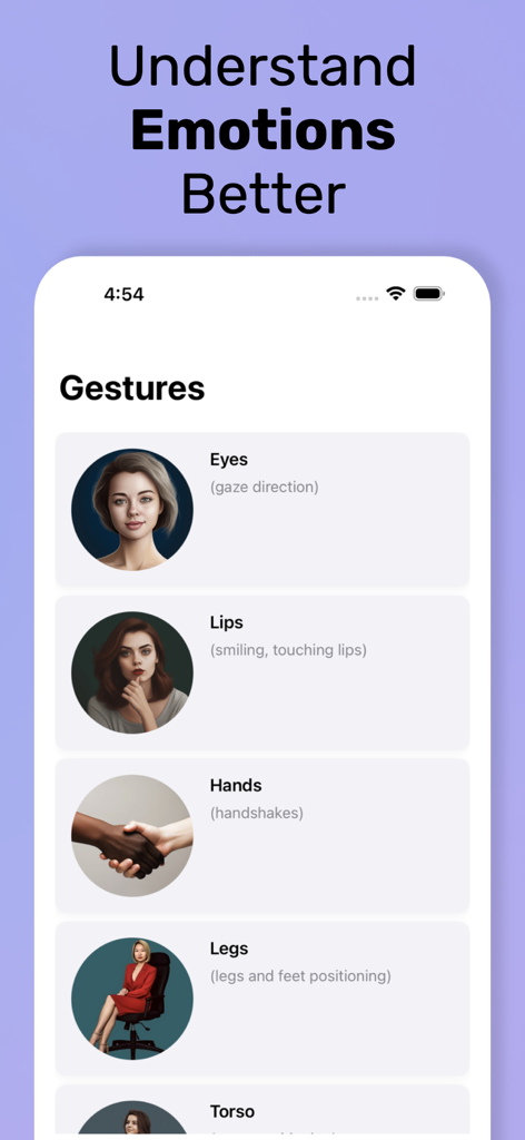Interfaz de la aplicación de Psicología que muestra una lista de gestos de lenguaje corporal para ojos, labios, manos y piernas