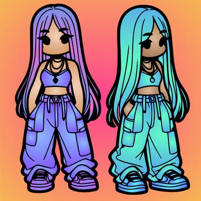 girl in baggy pants crop top and long hair