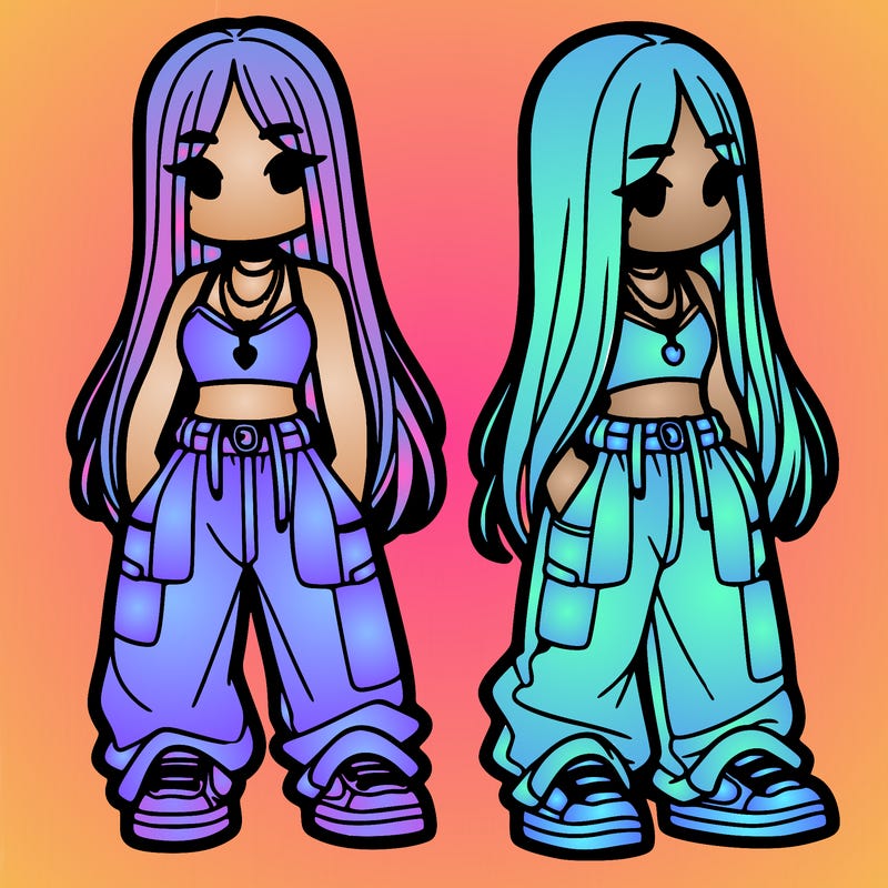 girl in baggy pants crop top and long hair