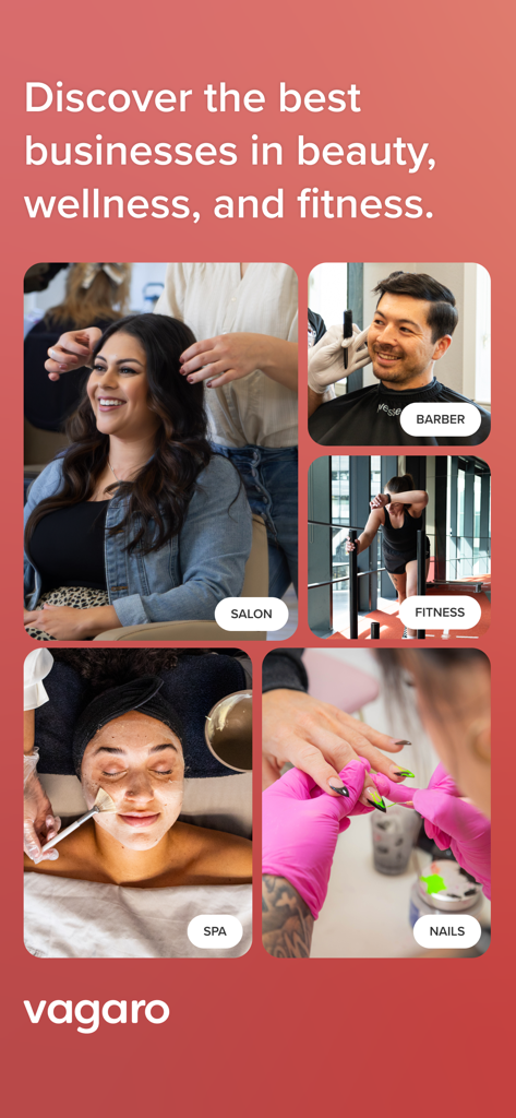Vagaro - Tela do aplicativo Vagaro mostrando opções de reserva para serviços de beleza, bem-estar e fitness de salão, barbearia, spa e unhas