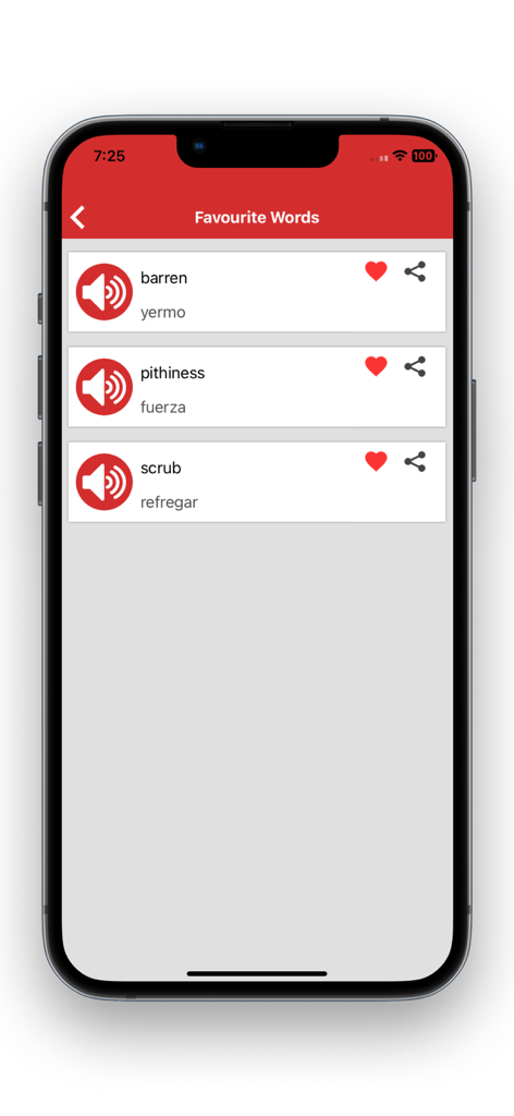 Spanish English Translators - Screenshot of the Favorite Words screen in the Spanish English Translators app showing a list of saved translations
