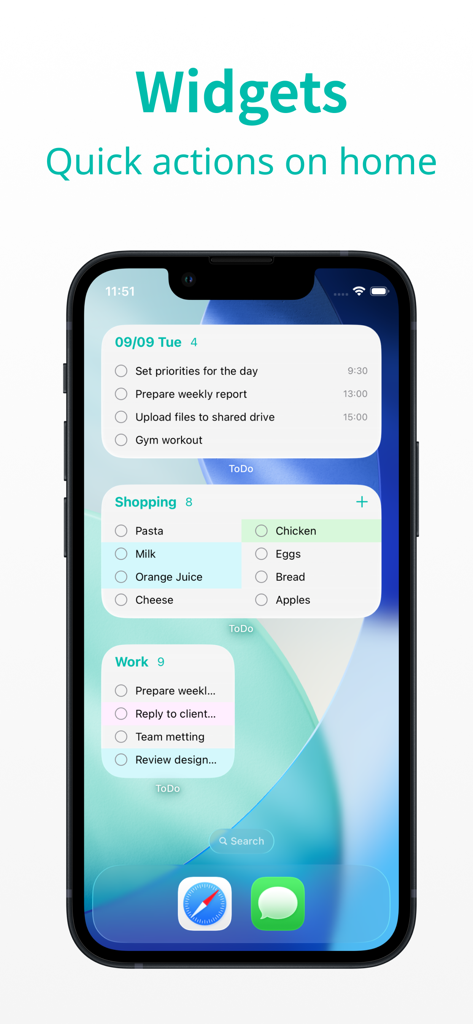 Minimal Tabbed ToDo List - Widgets de la Lista de Tareas Minimalista con Pestañas en una pantalla de inicio de iPhone mostrando listas de tareas